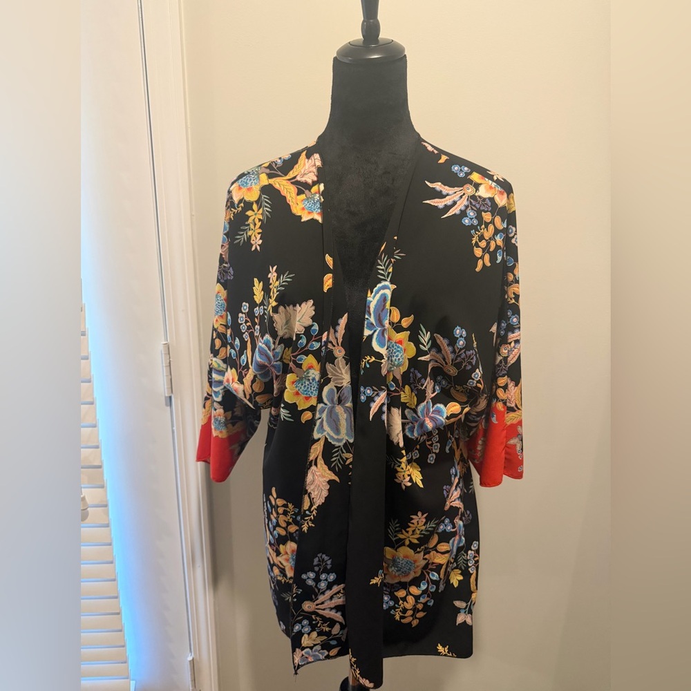 Forever 21 Black Floral Kimono Red Trim Boho Festival Cover Up